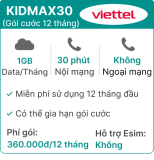 Sim 4G Viettel 12KIDMAX30 Free 12 tháng
