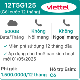 Sim 5G Viettel 12T5G125 500GB/tháng - 12 tháng