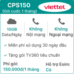 Sim 5G Viettel CPS150 10GB/Ngày (Free TV360)